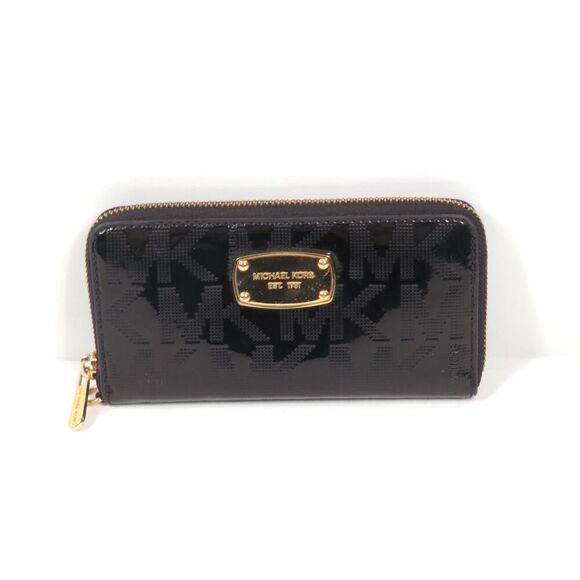 Michael Kors MK Jet Set Travel Continental Zip Around Wallet BLACK Patented Leat - Picture 1 of 3